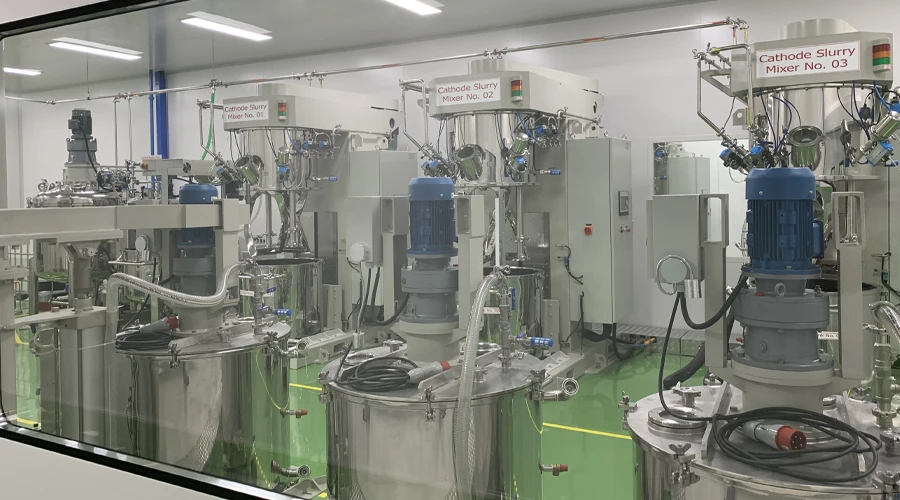 industrial vacuum planetary mixer battery slurry turnkey Industrial vacuum planetary mixer for battery slurry homogenization, part of a pouch cell production line turnkey system by TOBGROUP